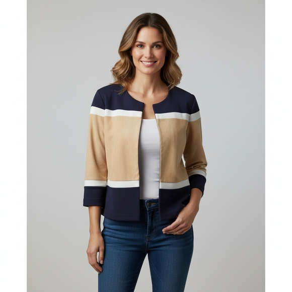 SM0 Chico's Travelers Collection Faux Suede Jacket Stripe Navy Hook Eye - Picture 10 of 10